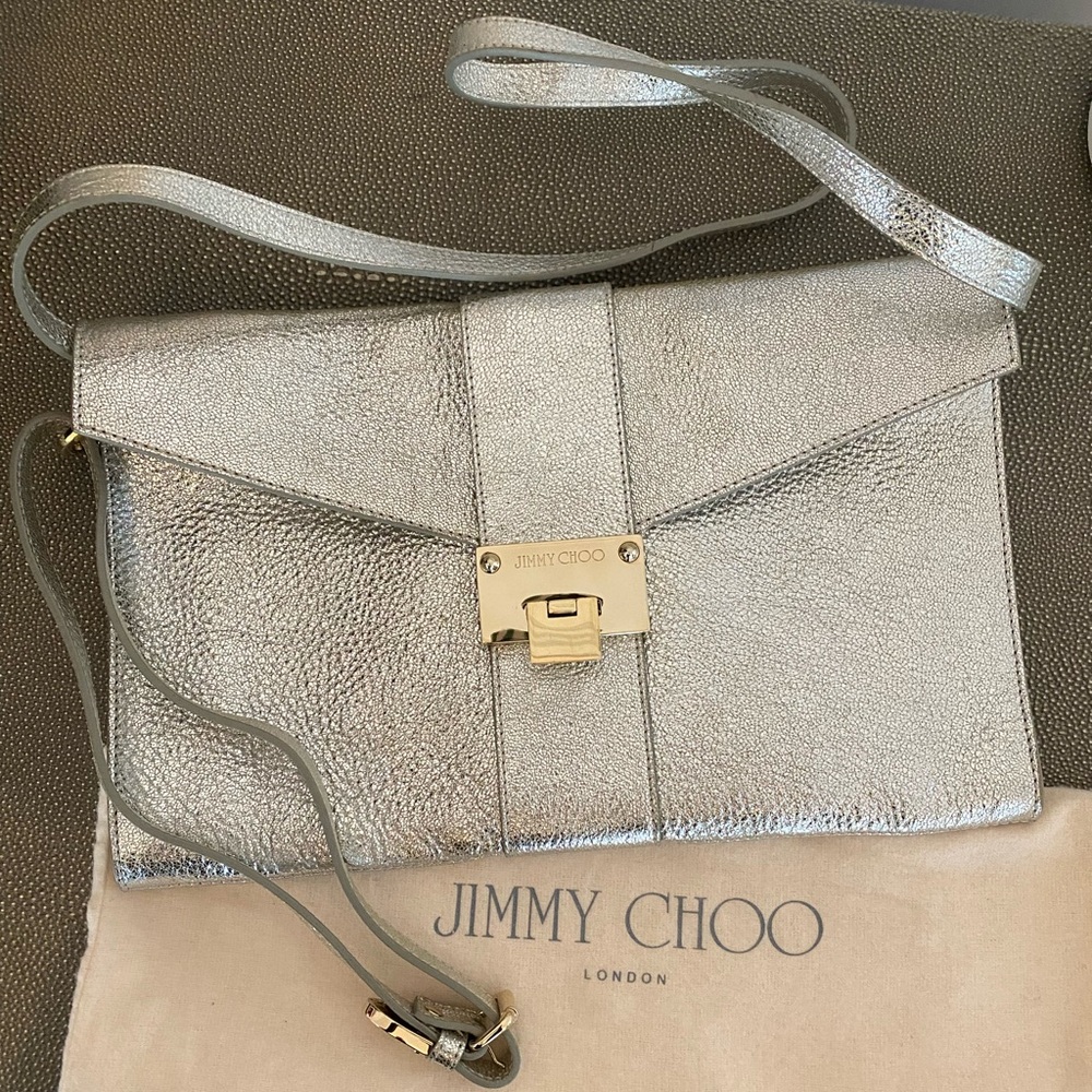 Jimmy Choo Rebel Clutch Metallic Silver Leather Convertible Gold Hardware